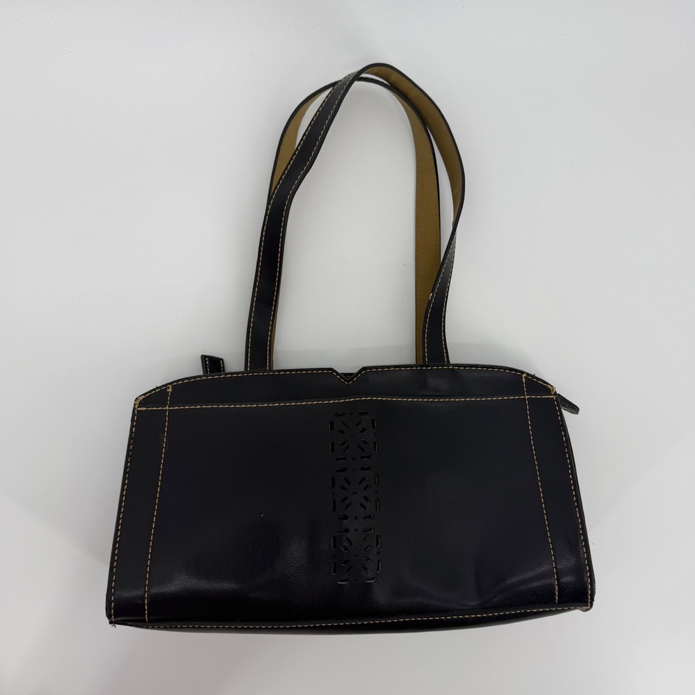 Y2K Black Faux Leather Shoulder Bag Laser Cut Detail Tan Stitching Baguette